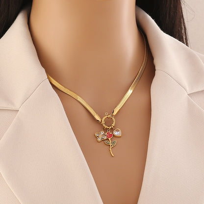 Enamel Rose Heart Stainless Steel Necklace