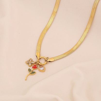 Enamel Rose Heart Stainless Steel Necklace