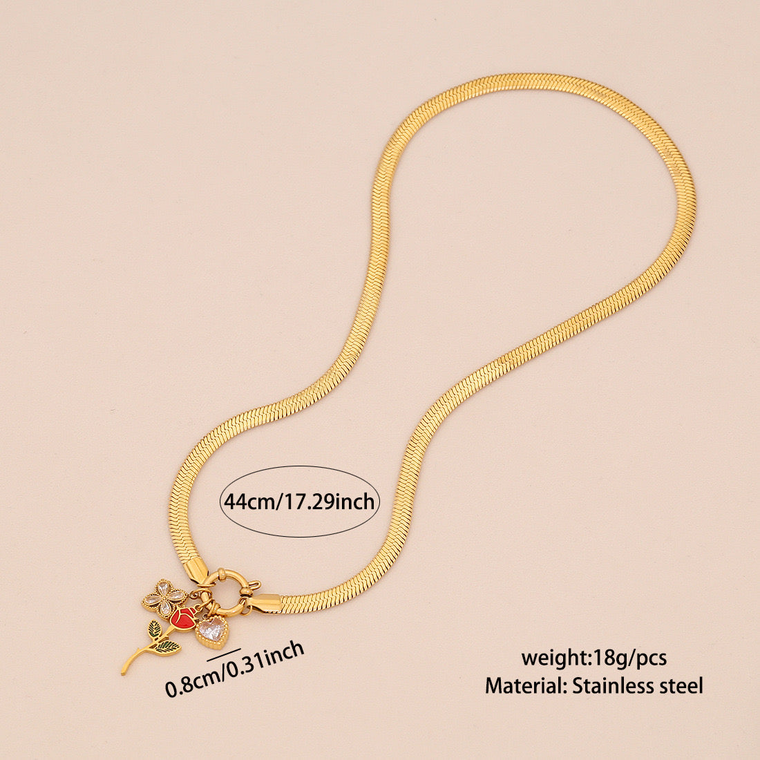 Enamel Rose Heart Stainless Steel Necklace