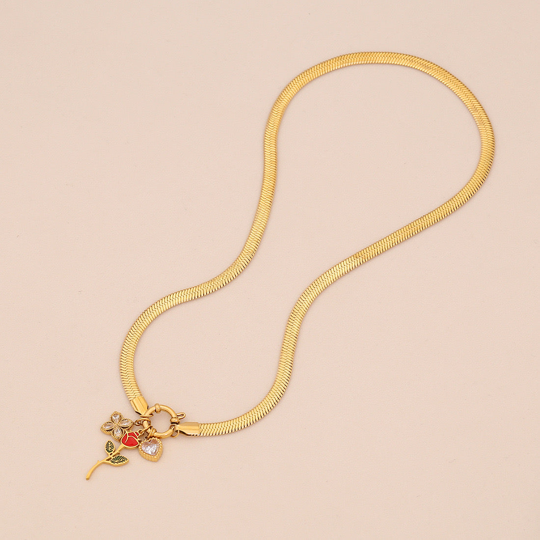 Enamel Rose Heart Stainless Steel Necklace