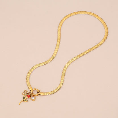 Enamel Rose Heart Stainless Steel Necklace