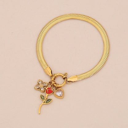 Enamel Rose Heart Stainless Steel Necklace