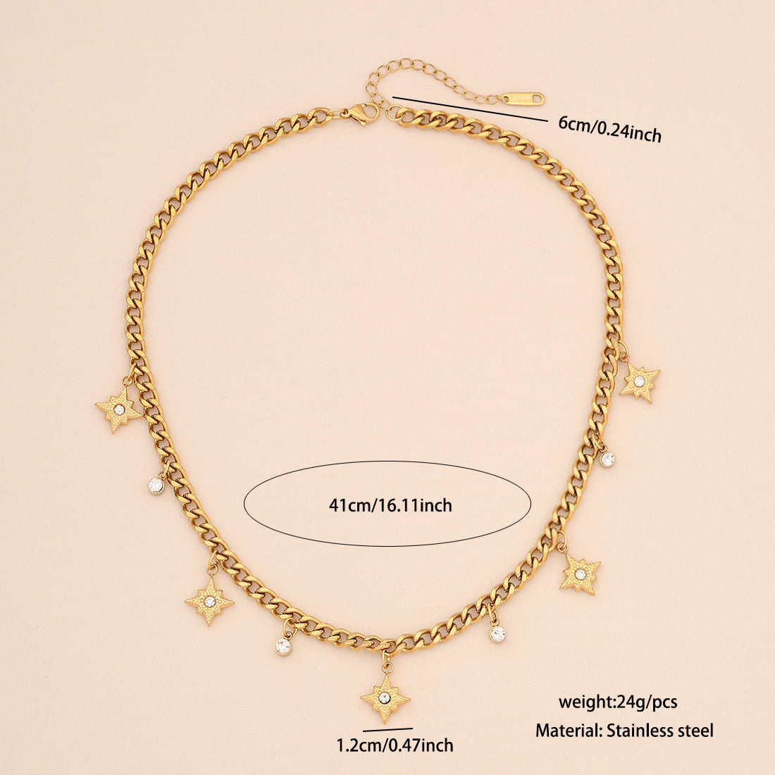 Eight-Pointed Star Rhinestone Stainless Steel Necklace