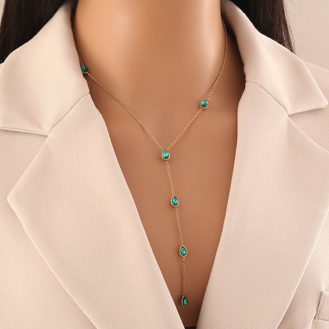 Colourful Glass Teardrop Y-Shaped Stainless Steel Necklace