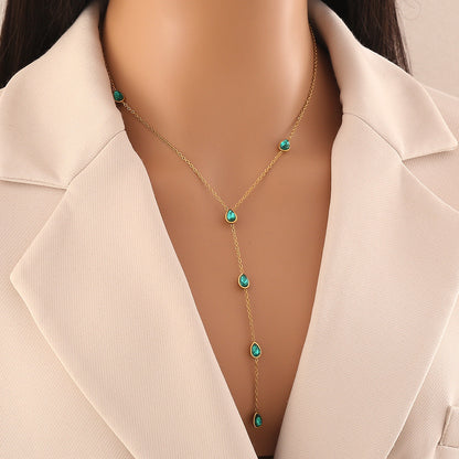 Colourful Glass Teardrop Y-Shaped Stainless Steel Necklace