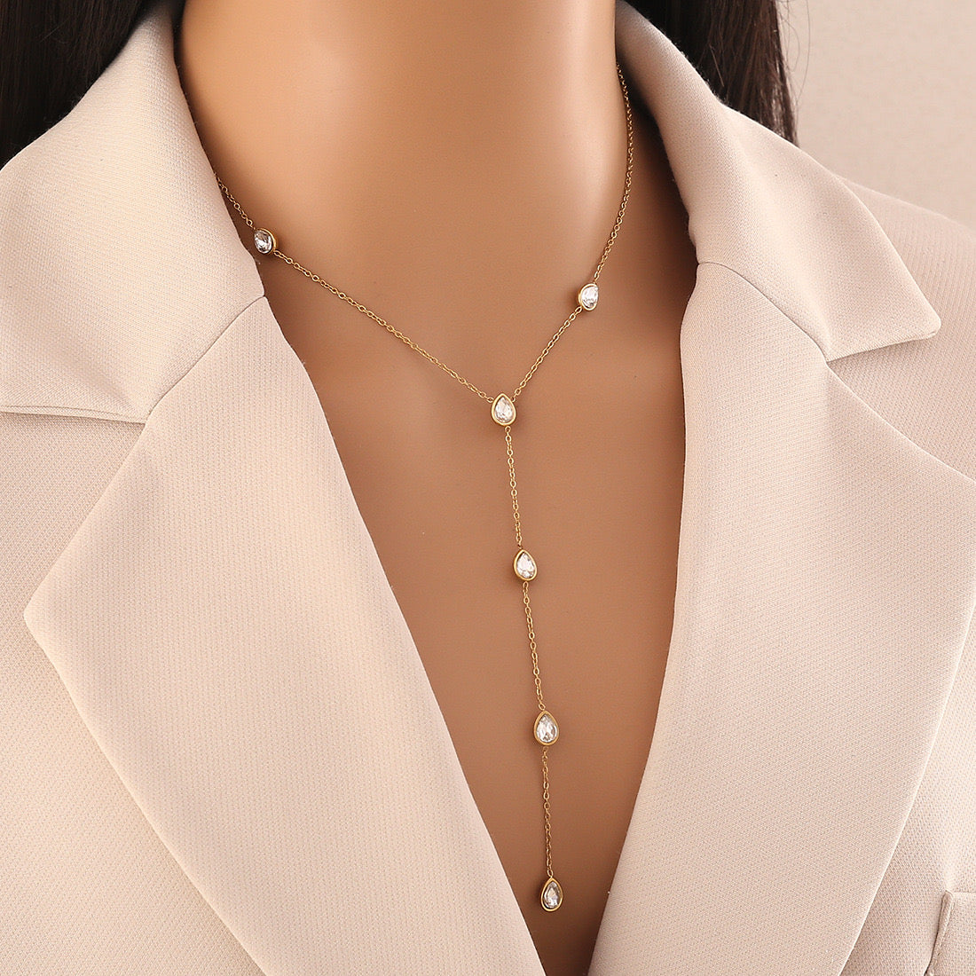 Colourful Glass Teardrop Y-Shaped Stainless Steel Necklace