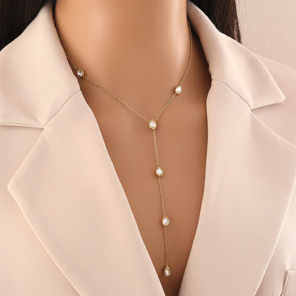 Colourful Glass Teardrop Y-Shaped Stainless Steel Necklace