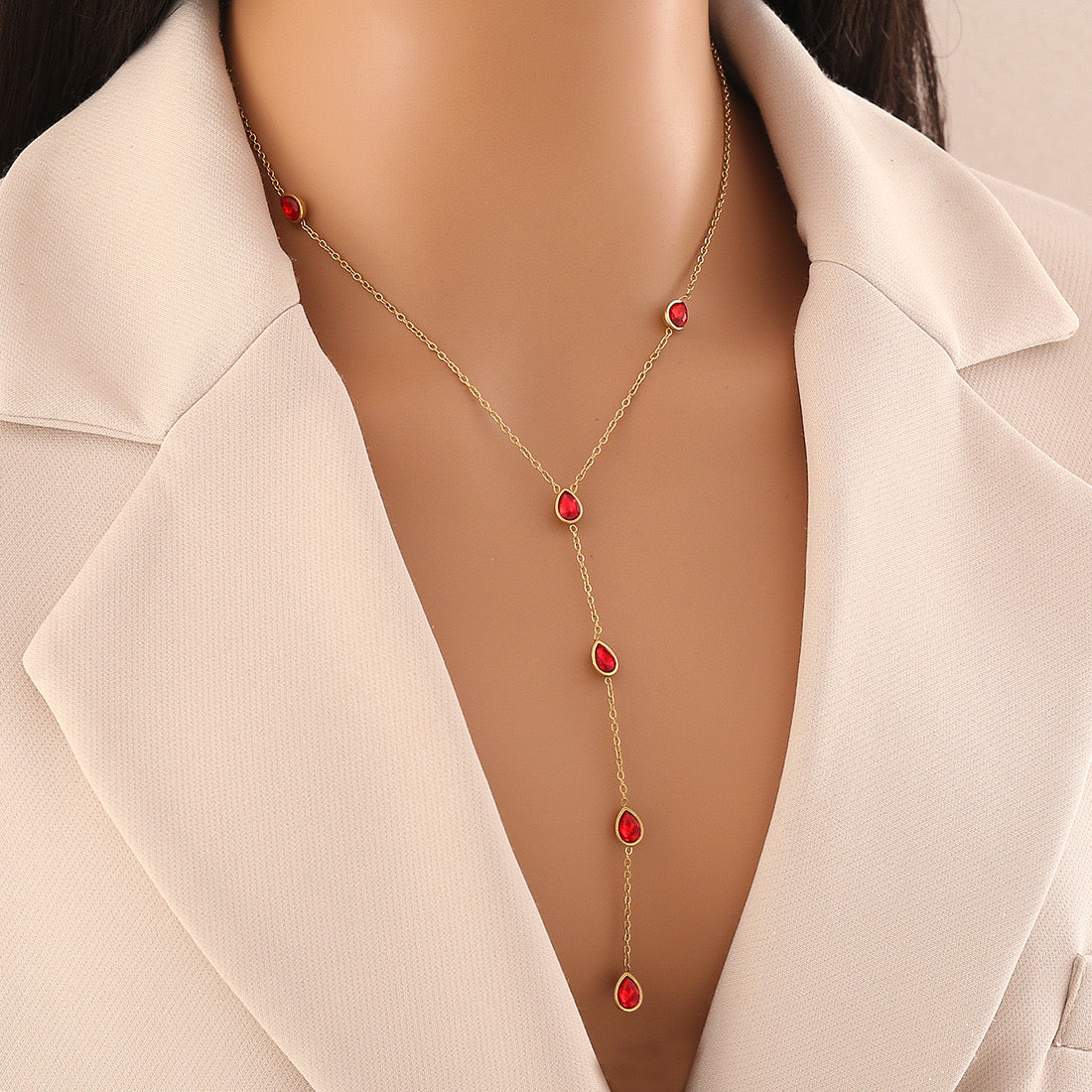 Colourful Glass Teardrop Y-Shaped Stainless Steel Necklace