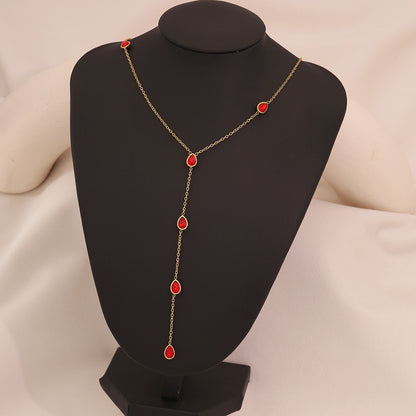 Colourful Glass Teardrop Y-Shaped Stainless Steel Necklace