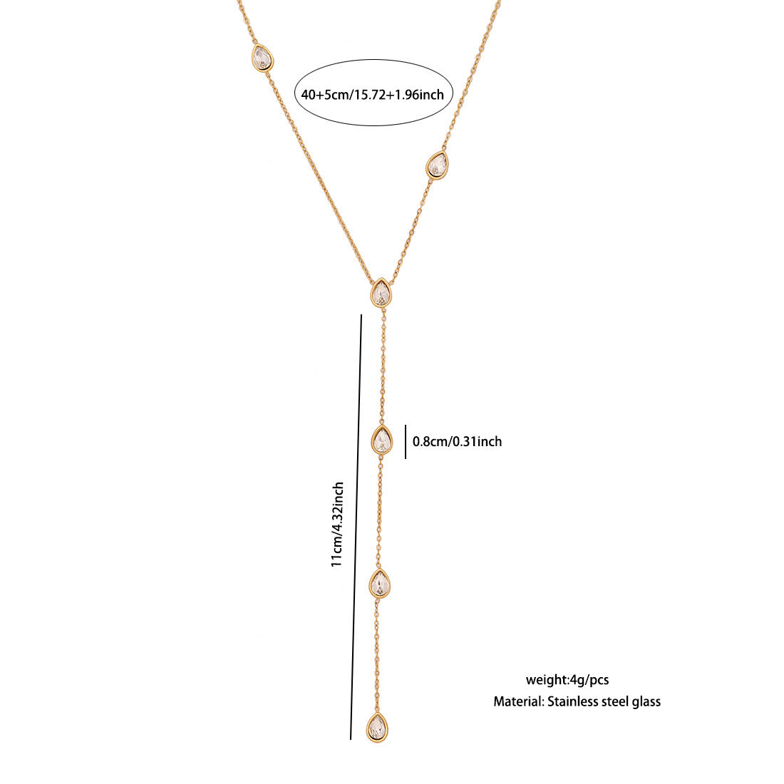 Colourful Glass Teardrop Y-Shaped Stainless Steel Necklace