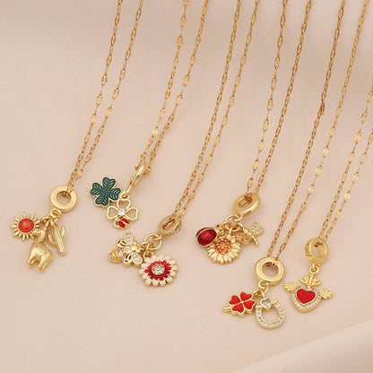Four-Leaf Clover Heart Daisy Pendant Necklace