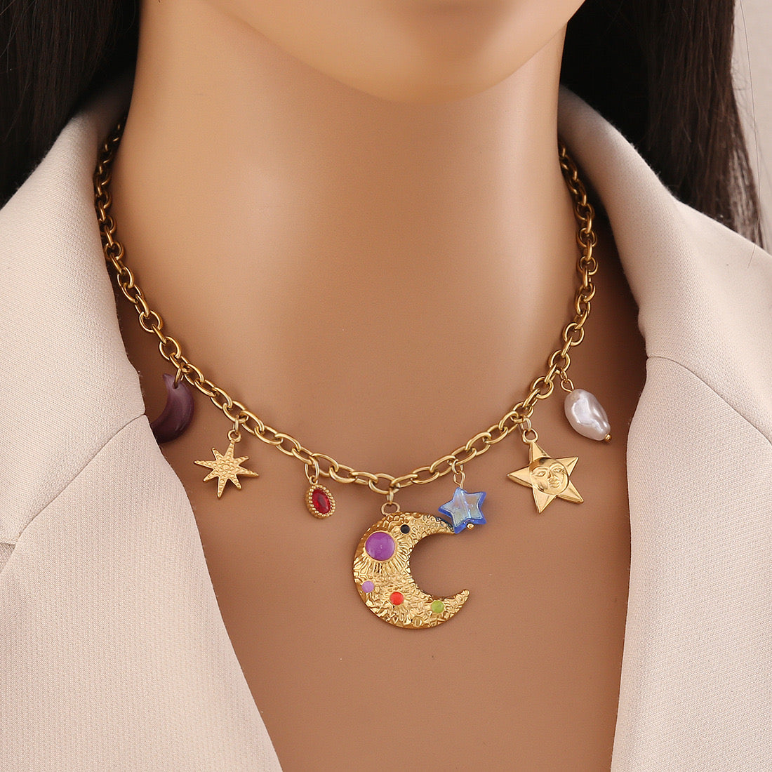 Star & Moon Glass Pearl Necklace