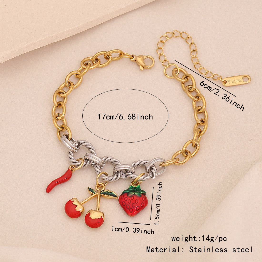 Fruit Charm Stainless Steel Bracelet
