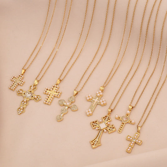 Pearl Cross Stainless Steel Necklace