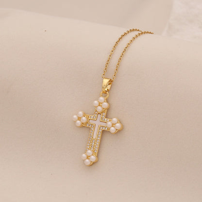 Pearl Cross Stainless Steel Necklace