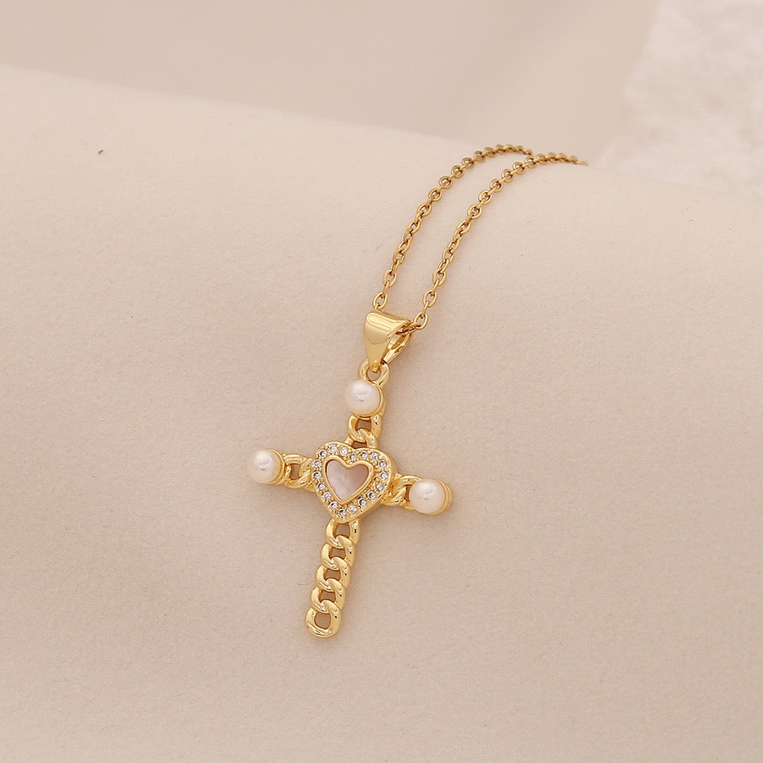 Pearl Cross Stainless Steel Necklace