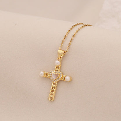 Pearl Cross Stainless Steel Necklace