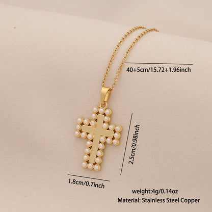 Pearl Cross Stainless Steel Necklace