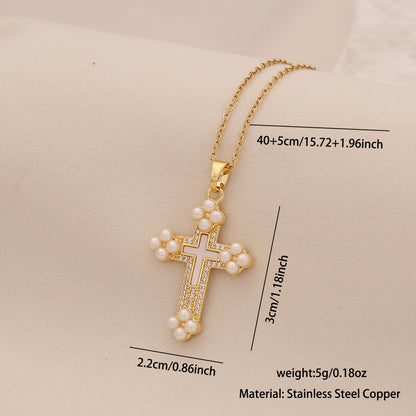 Pearl Cross Stainless Steel Necklace