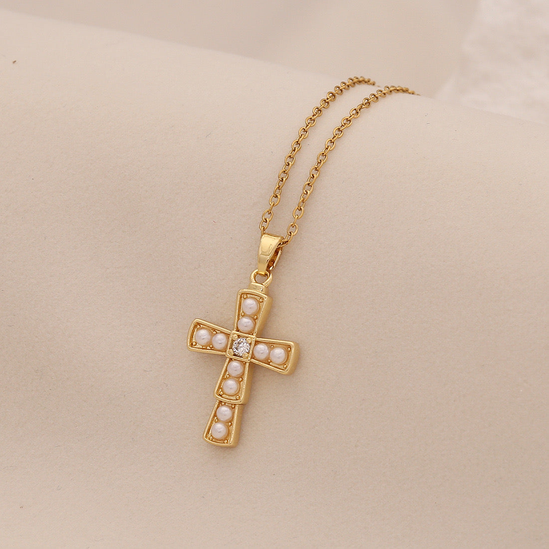 Pearl Cross Stainless Steel Necklace