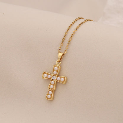 Pearl Cross Stainless Steel Necklace
