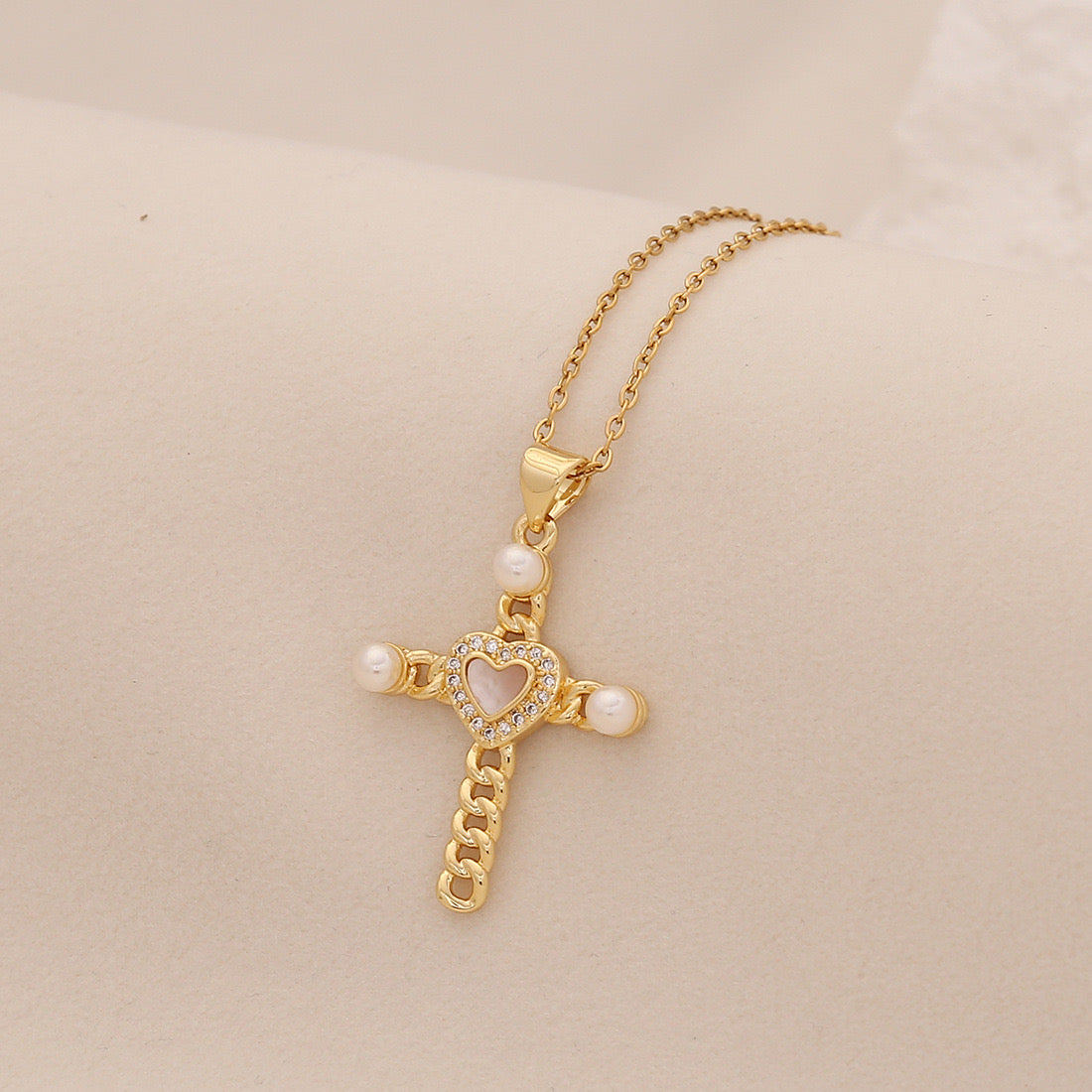 Pearl Cross Stainless Steel Necklace