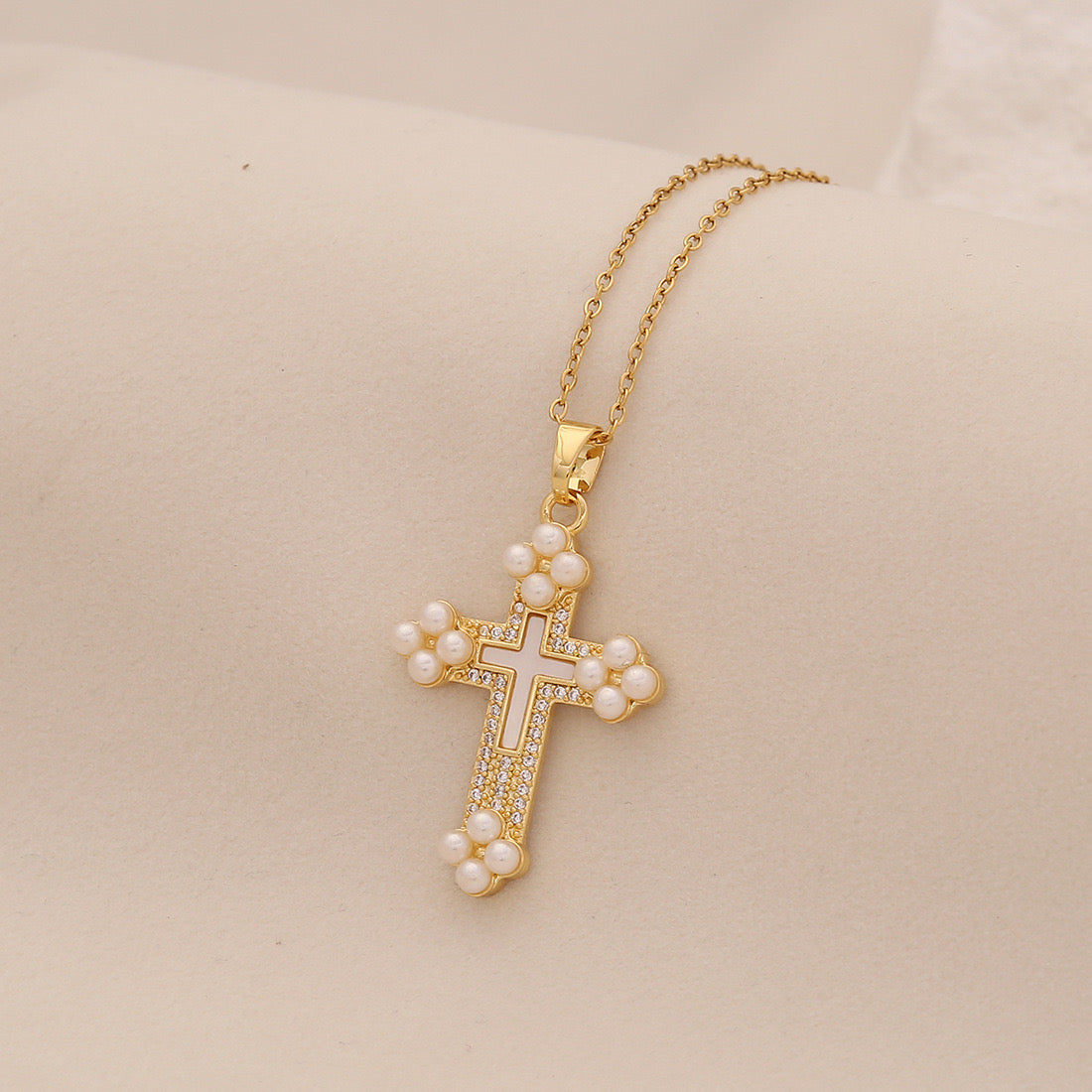 Pearl Cross Stainless Steel Necklace