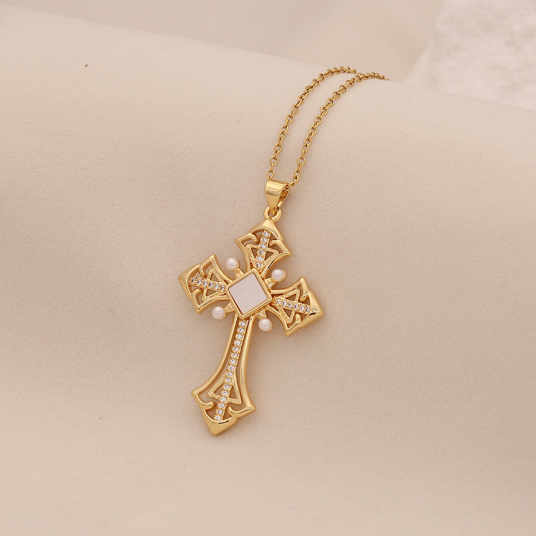 Pearl Cross Stainless Steel Necklace