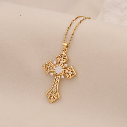 Pearl Cross Stainless Steel Necklace