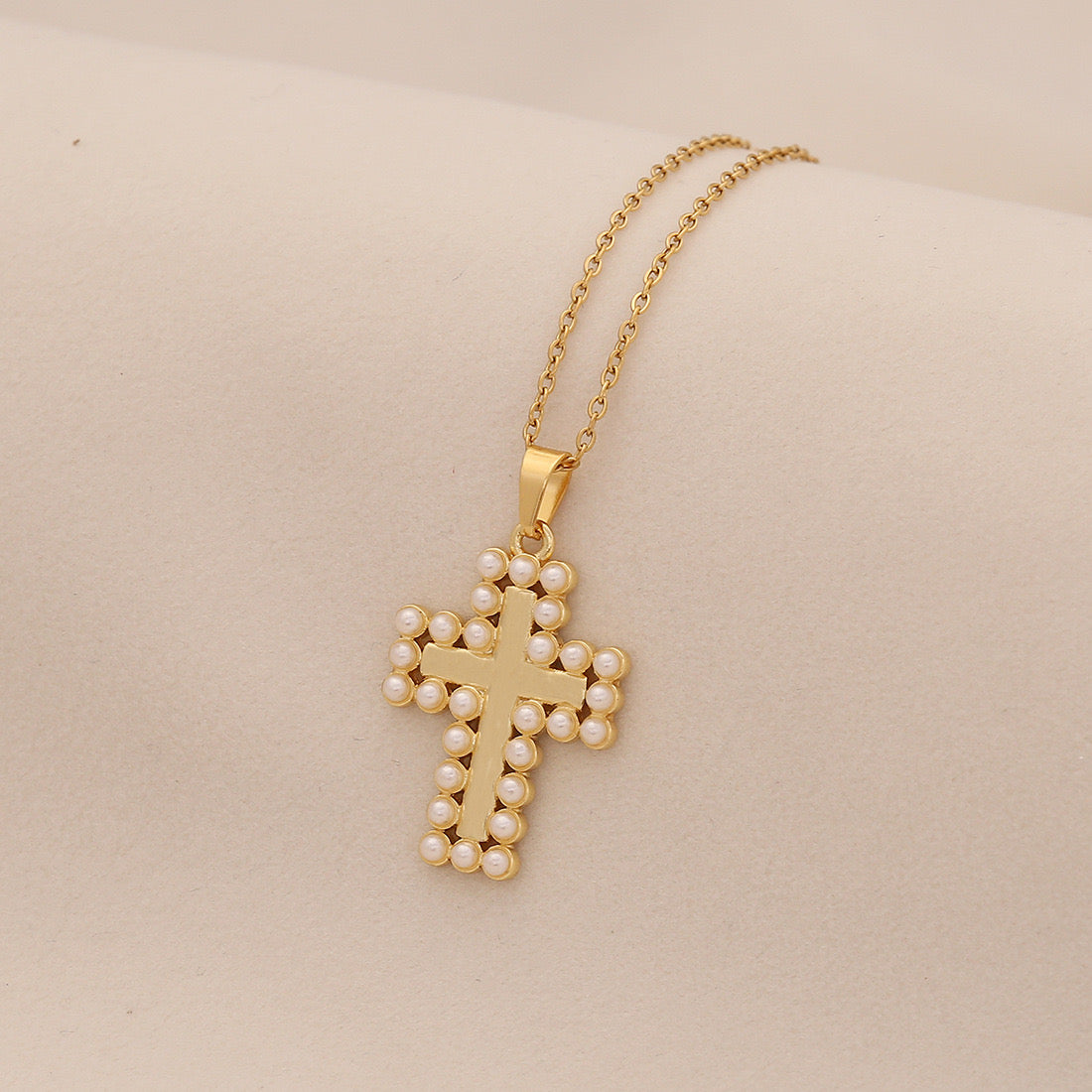 Pearl Cross Stainless Steel Necklace