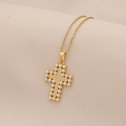 Pearl Cross Stainless Steel Necklace