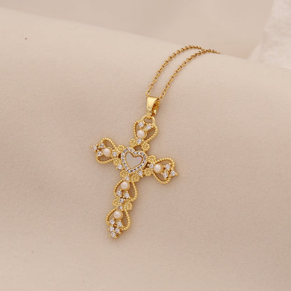 Pearl Cross Stainless Steel Necklace