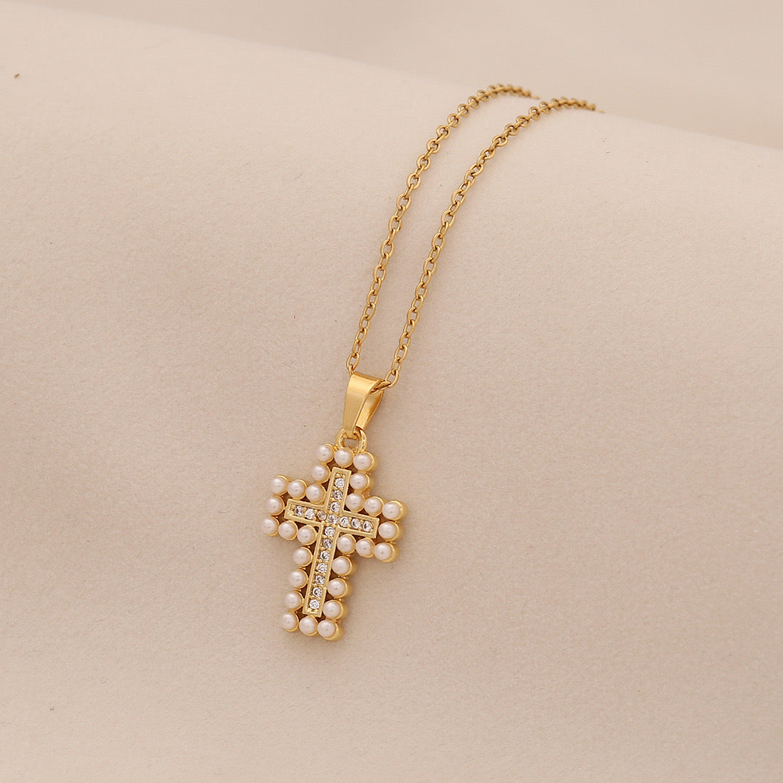 Pearl Cross Stainless Steel Necklace