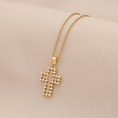 Pearl Cross Stainless Steel Necklace