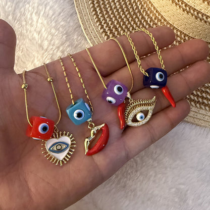 Evil Eye Vintage Lips & Chilli Pepper Necklace