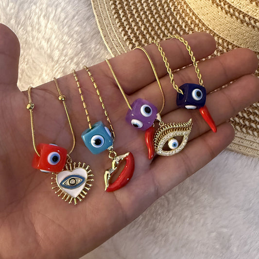 Evil Eye Vintage Lips & Chilli Pepper Necklace