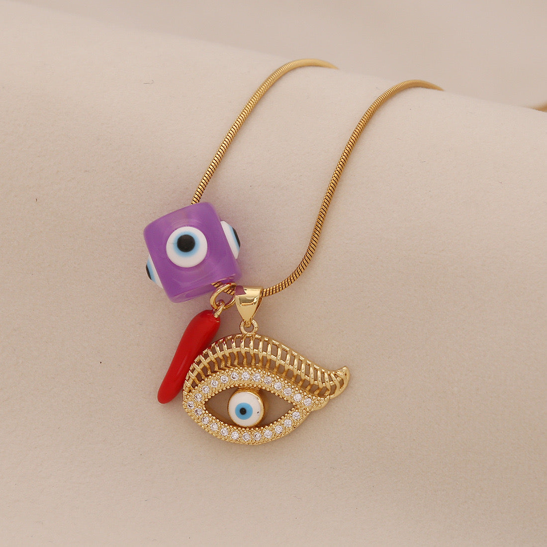 Evil Eye Vintage Lips & Chilli Pepper Necklace