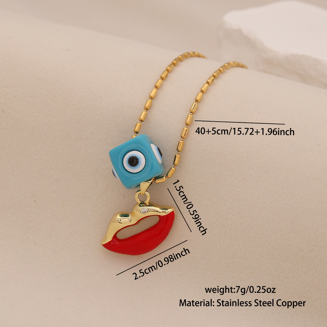 Evil Eye Vintage Lips & Chilli Pepper Necklace