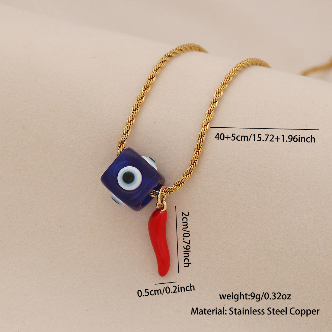 Evil Eye Vintage Lips & Chilli Pepper Necklace