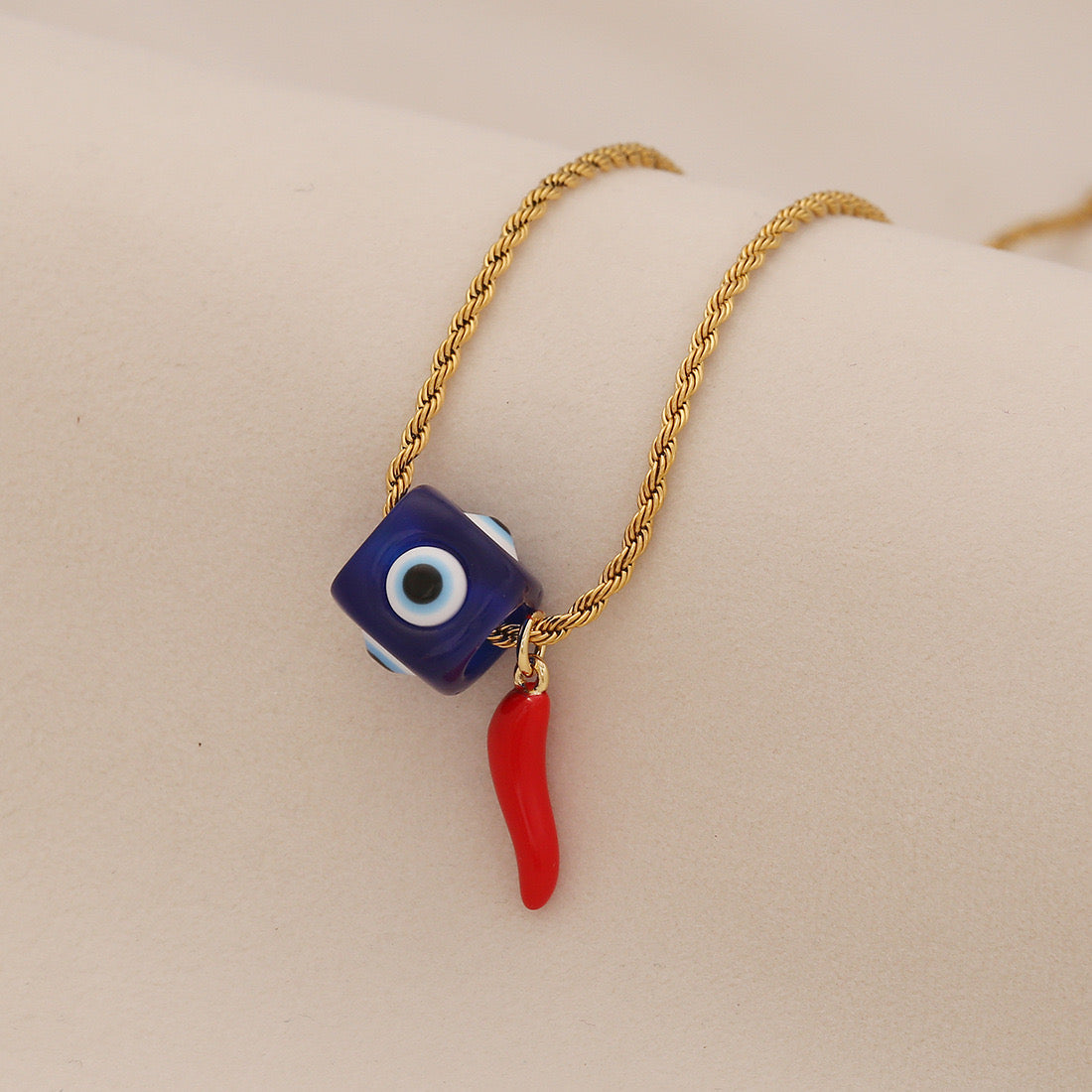 Evil Eye Vintage Lips & Chilli Pepper Necklace