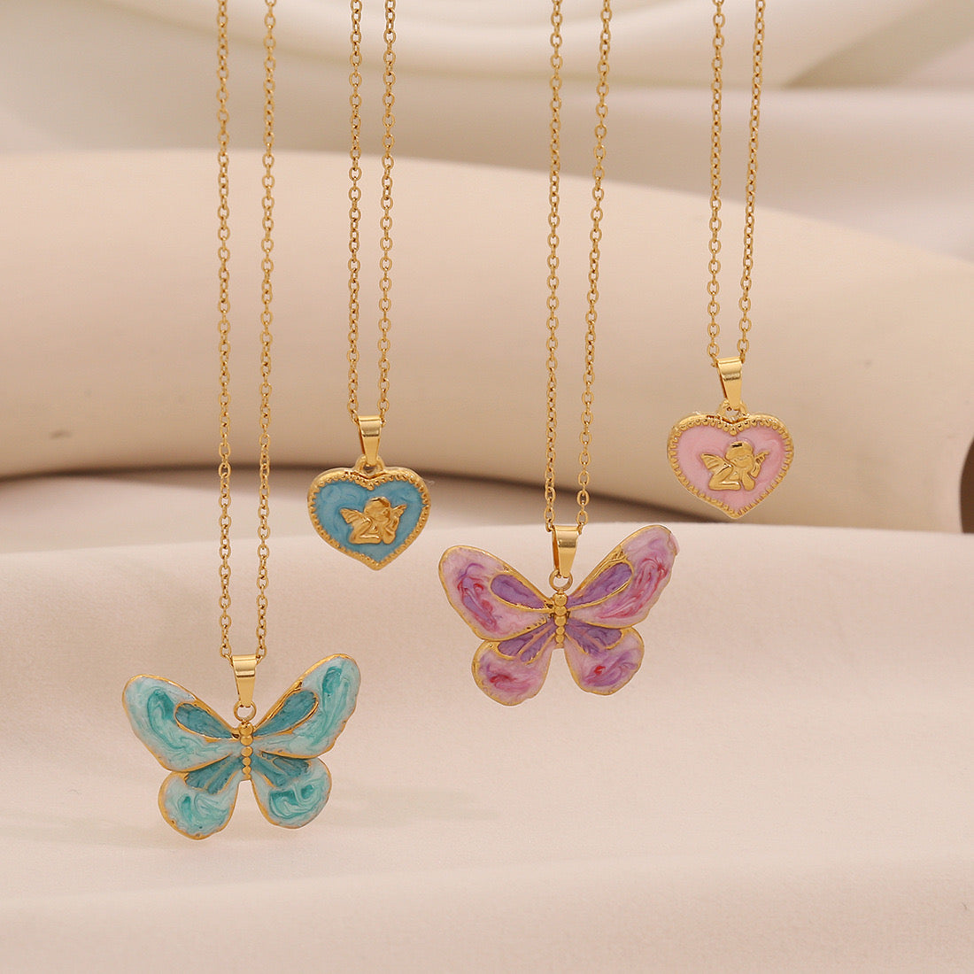 Vintage Butterfly & Angel Heart Pendant Necklace
