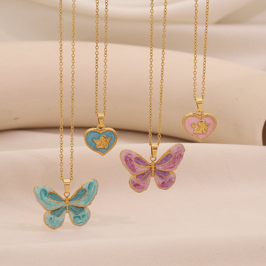 Vintage Butterfly & Angel Heart Pendant Necklace