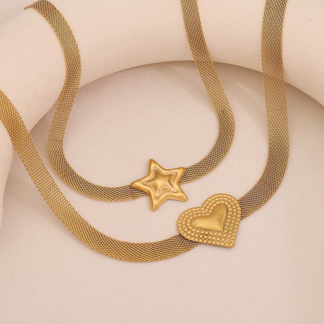 French Mesh Heart & Star Necklace