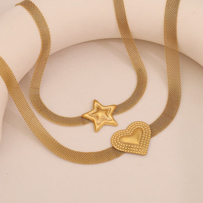 French Mesh Heart & Star Necklace
