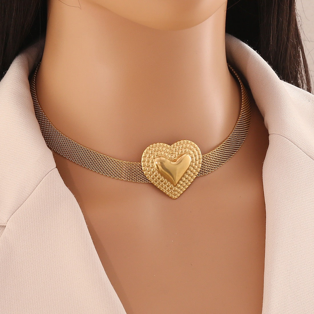 French Mesh Heart & Star Necklace