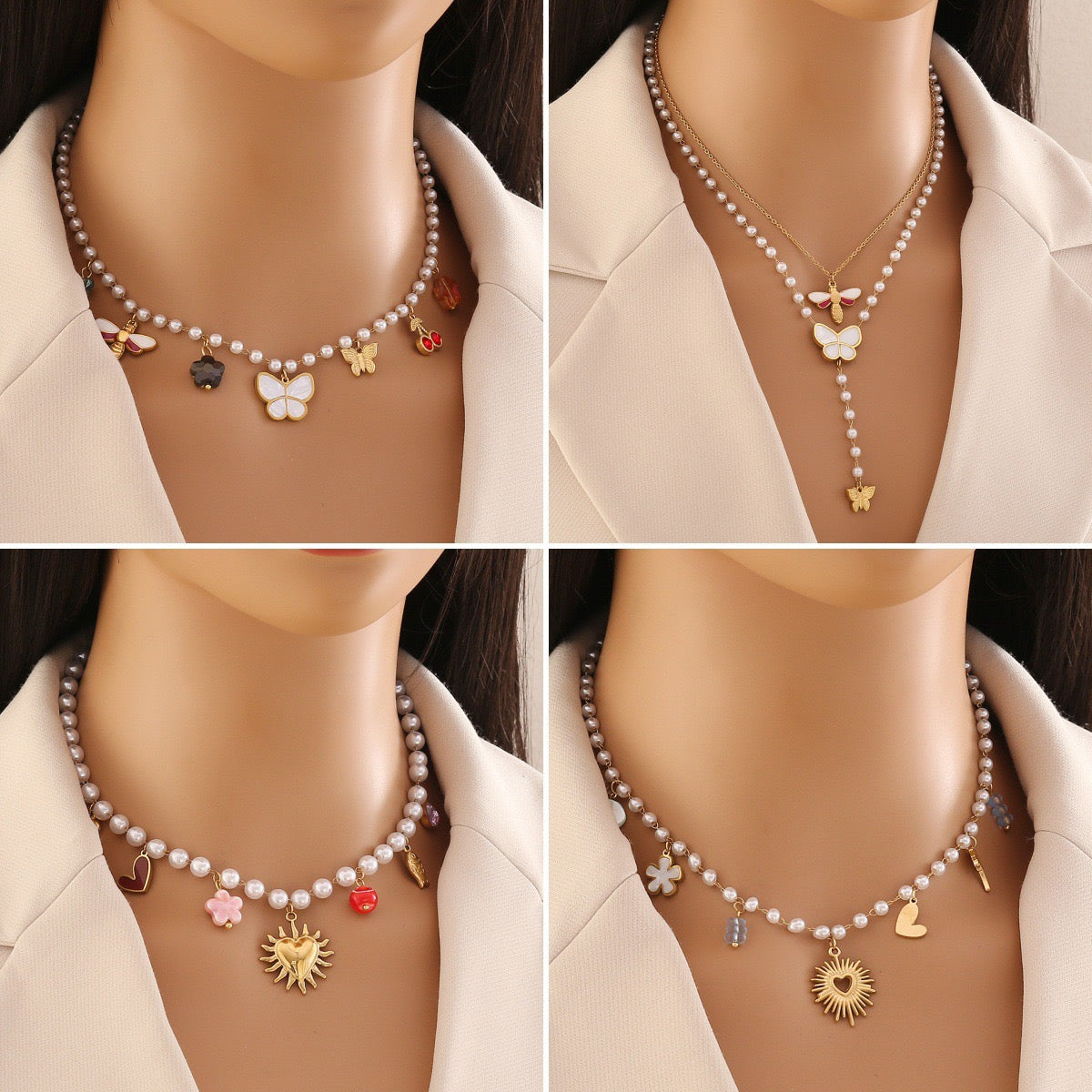 Faux Pearl Heart & Flower Pendant Necklace