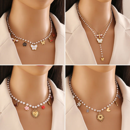 Faux Pearl Heart & Flower Pendant Necklace