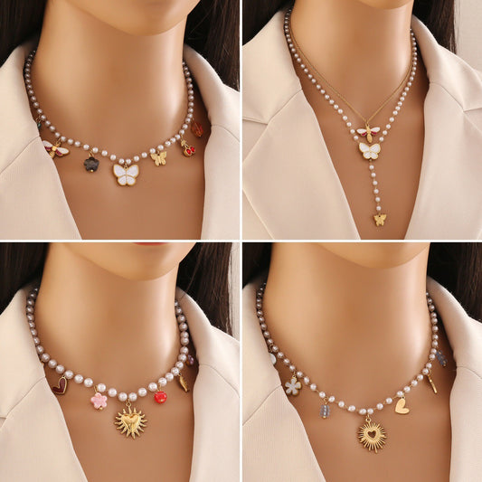 Faux Pearl Heart & Flower Pendant Necklace