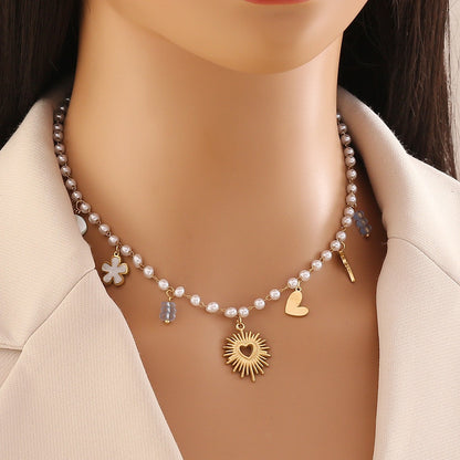 Faux Pearl Heart & Flower Pendant Necklace