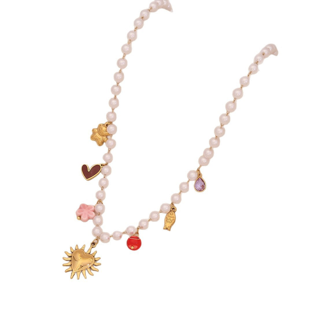 Faux Pearl Heart & Flower Pendant Necklace